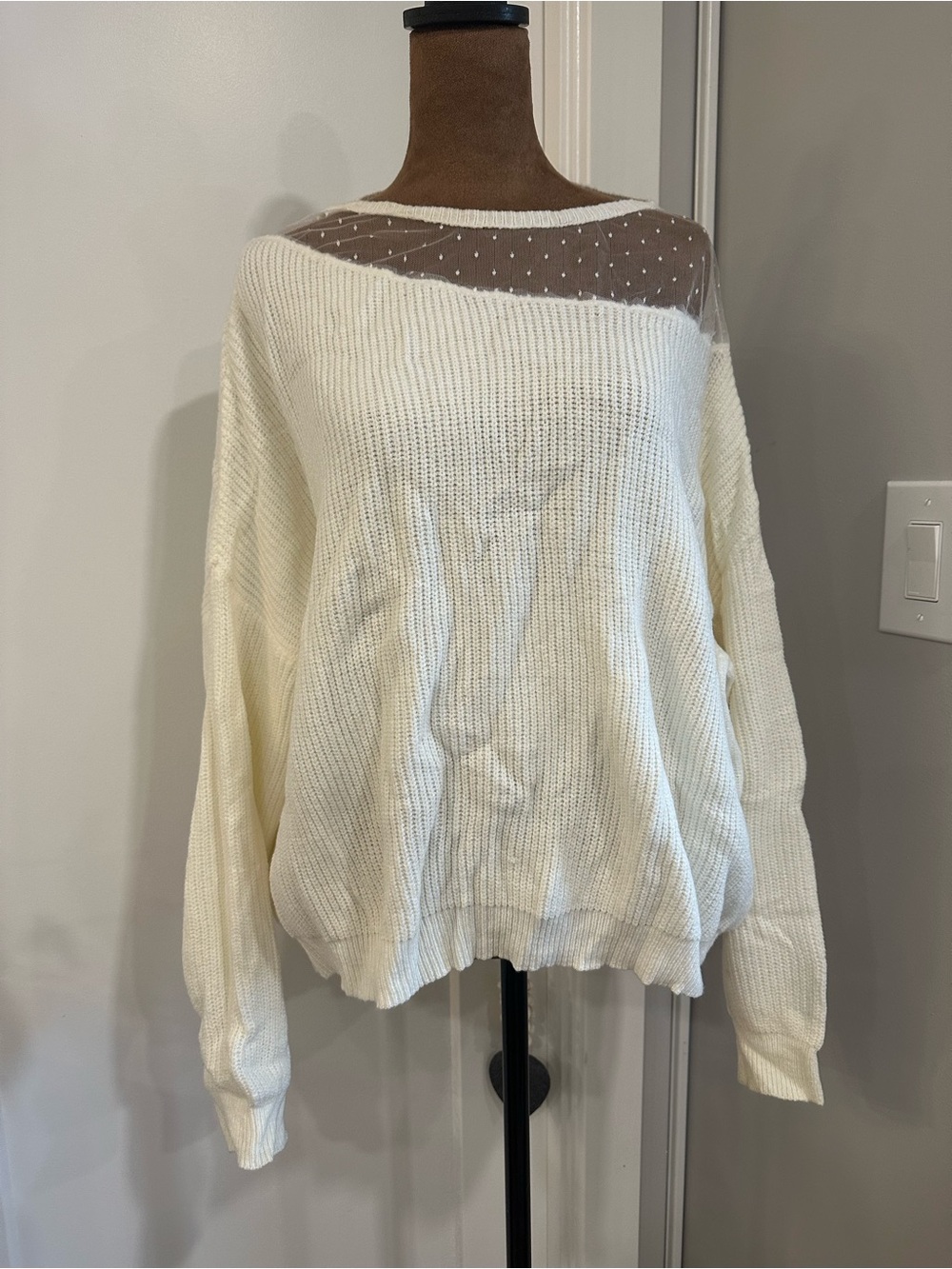 SHEIN Cream Off-Shoulder Knit Sweater with Sheer Polka Dot Yoke